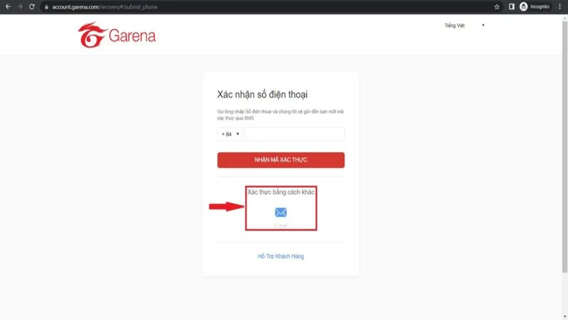 Chọn phương thức 'Xác thực bằng cách khác' và nhập email đã đăng ký để nhận mã