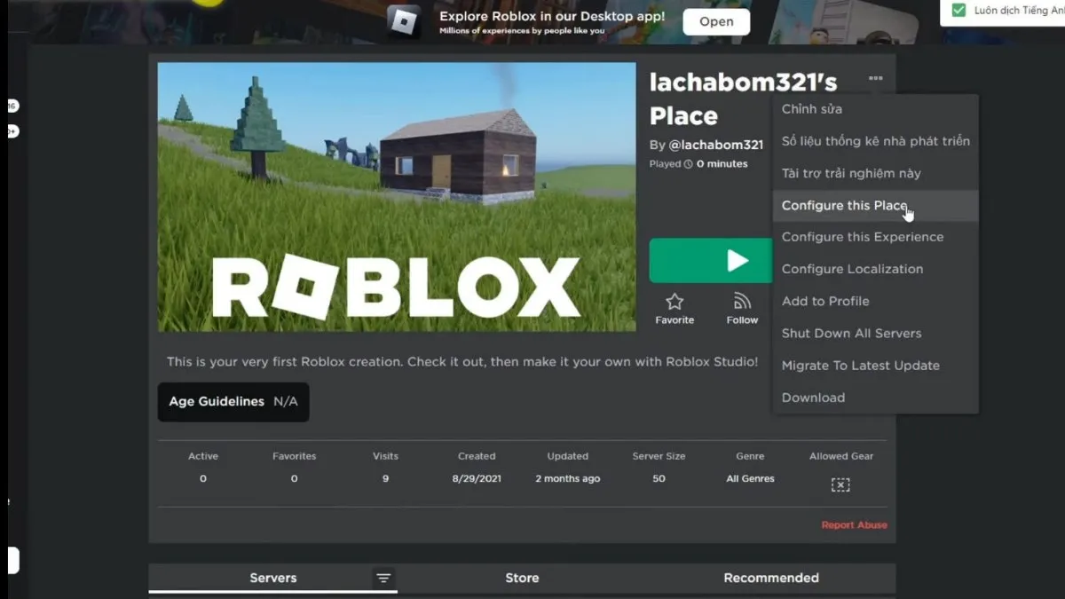 Giao diện cấu hình Start Place và Access để rút Robux 120h