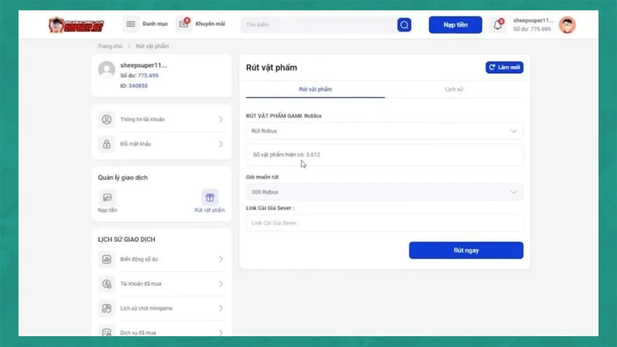 Giao diện lựa chọn gói rút Robux trên Sheep.net