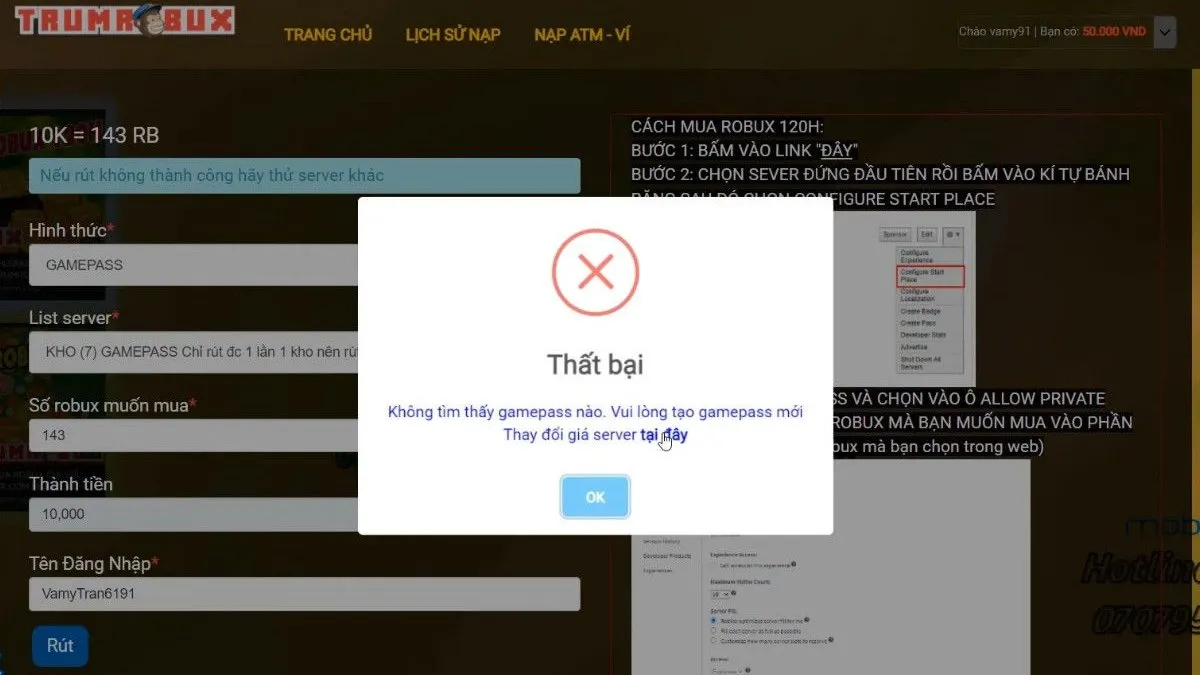 Hướng dẫn tạo Game Pass trên TrumRobux.com để rút Robux