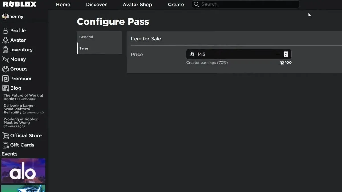 Thiết lập giá và số lượng Robux cho Game Pass để rút tiền