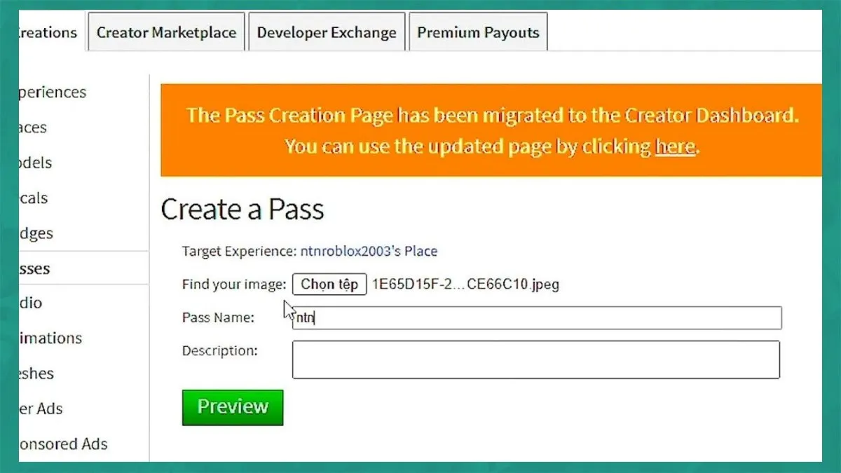 Thiết lập tên và mô tả Game Pass để bán trong PLS Donate