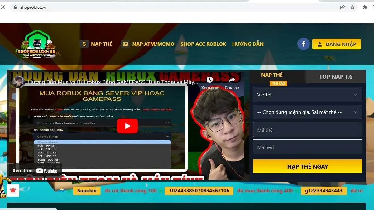 Giao diện đăng nhập ShopRoblox.vn để rút Robux