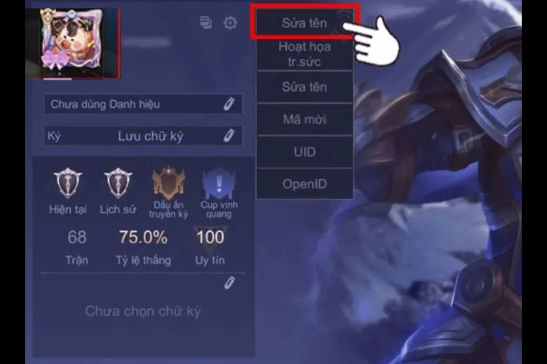 Menu cài đặt trong Liên Quân Mobile để chọn sửa tên nhân vật.