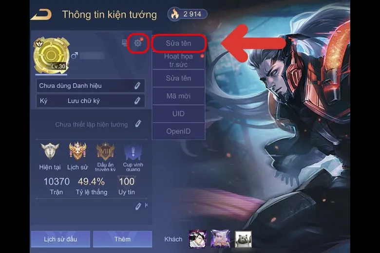 Biểu tượng cài đặt và tùy chọn sửa tên nhân vật trong Liên Quân.