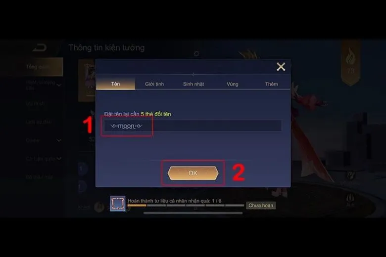 Giao diện nhập tên mới và xác nhận đổi tên trong game Liên Quân.