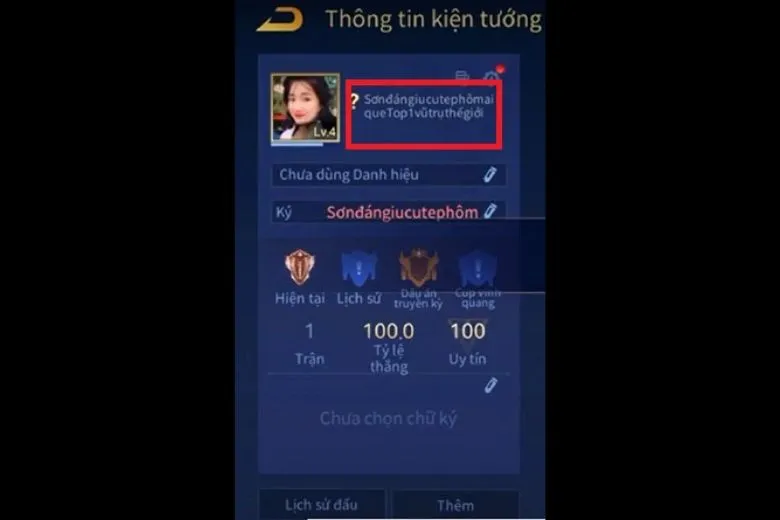 Minh họa tên nhân vật dài vượt quá giới hạn thông thường trong Liên Quân Mobile.