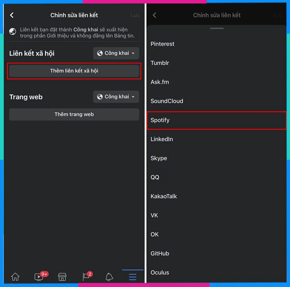 Lựa chọn mục Spotify trong phần thêm liên kết để tạo hiệu ứng tăng follow ảo.
