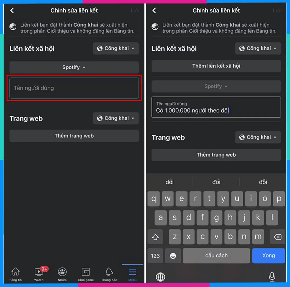 Nhập dòng chữ 'Có XXX người theo dõi' vào mục tên người dùng để tăng fl fb ảo free.