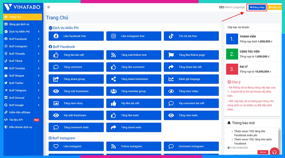 Giao diện trang web Vinafabo để đăng ký và đăng nhập dịch vụ tăng follow Facebook.