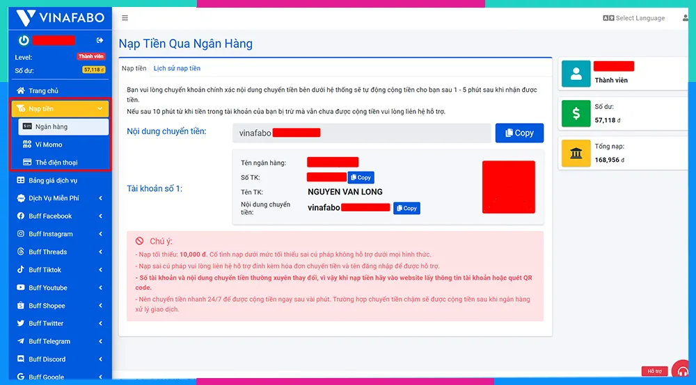 Hướng dẫn nạp tiền vào tài khoản Vinafabo để mua lượt theo dõi Facebook.