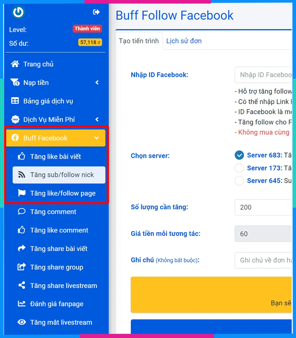 Chọn tính năng 'tăng sub/follow nick' trong menu Buff Facebook của Vinafabo.