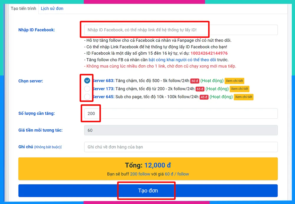 Hoàn tất các bước nhập ID, chọn server và số lượng để buff follow Facebook qua dịch vụ.