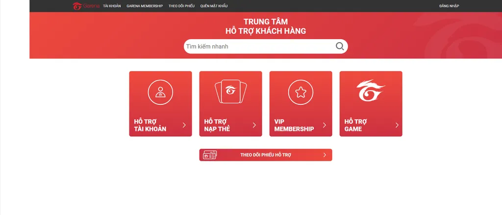 Giao diện website hỗ trợ Garena với tùy chọn hỗ trợ game Free Fire để người dùng có thể lấy lại nick Free Fire bằng ID