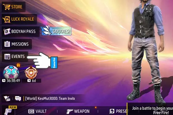 Giao diện Free Fire: Hướng dẫn chạm vào mục Sự kiện (Events) để nhận kim cương miễn phí