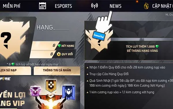 Màn hình sự kiện trong Free Fire, chọn mục Tin tức (News) để truy cập tính năng nhập code