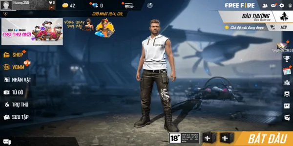 Giao diện màn hình chính của game Free Fire Garena, hiển thị khu vực chuẩn bị và các nhân vật đang chờ trận đấu, tạo hình ảnh Free Fire sinh động