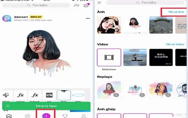 Màn hình ứng dụng Picsart, hiển thị lựa chọn tải ảnh từ thư viện để bắt đầu quá trình edit hình ảnh Free Fire, chuẩn bị cho video TikTok