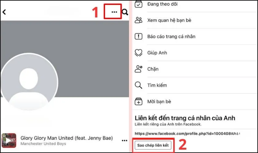 Thao tác sao chép liên kết trang cá nhân Facebook để lấy ID người yêu