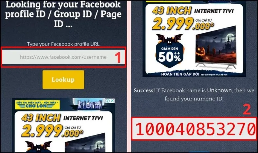 Giao diện lookup-id.com hiển thị ID Facebook sau khi dán link trang cá nhân