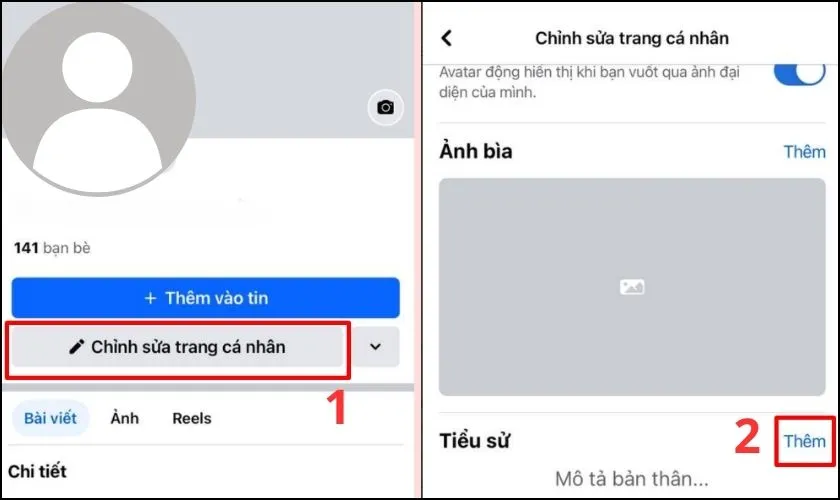 Menu chỉnh sửa trang cá nhân Facebook với tùy chọn &quot;Tiểu sử&quot; được chọn