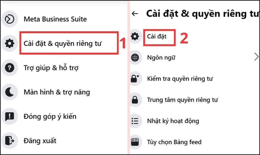 Cài đặt và quyền riêng tư trên Facebook hiển thị tùy chọn &quot;Cài đặt quyền riêng tư&quot;