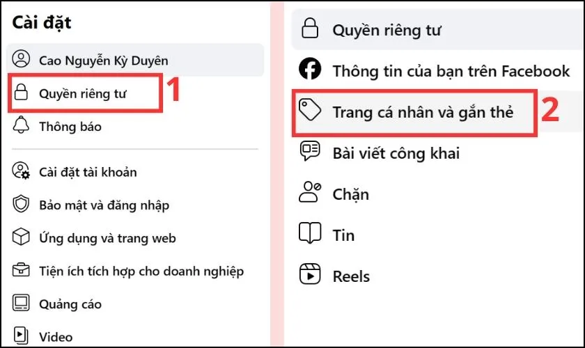 Tùy chọn &quot;Trang cá nhân và gắn thẻ&quot; trong phần cài đặt quyền riêng tư Facebook