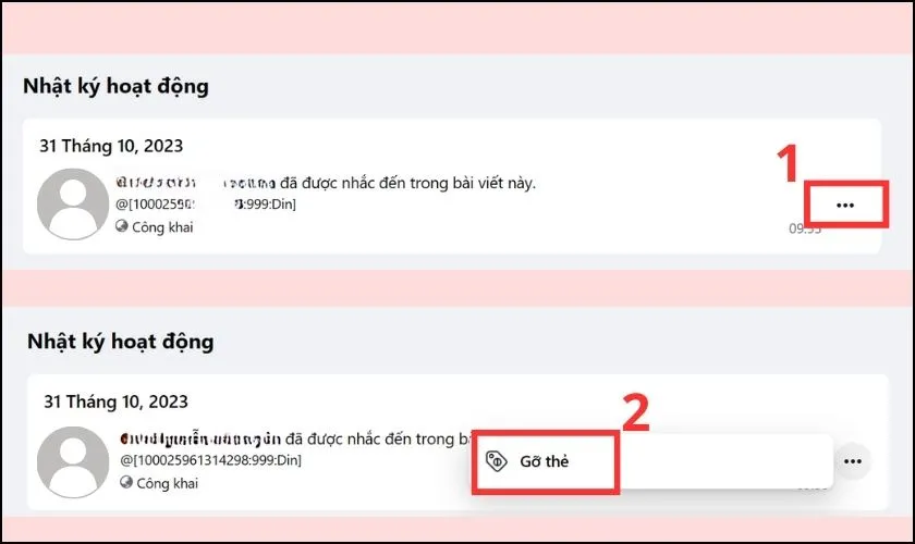 Thao tác gỡ thẻ tên khỏi tiểu sử Facebook bằng cách chọn biểu tượng ba chấm và &quot;Gỡ thẻ&quot;