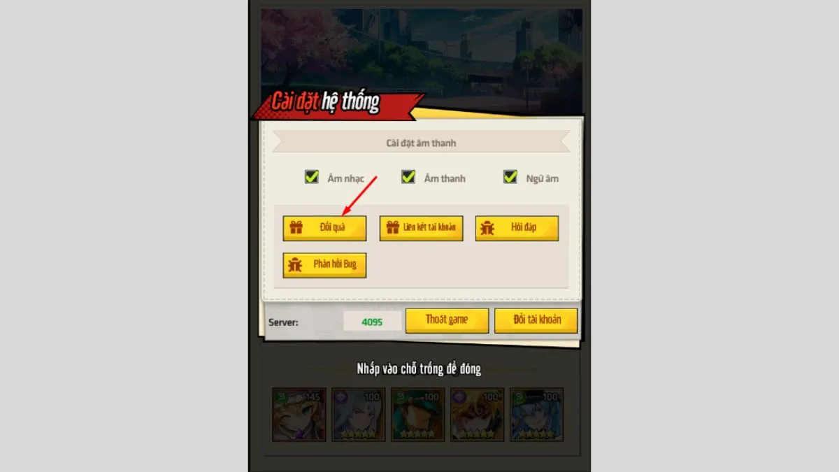 Giao diện Cài đặt trong Học Viện Bá Vương, chọn mục Đổi quà để nhập mã code