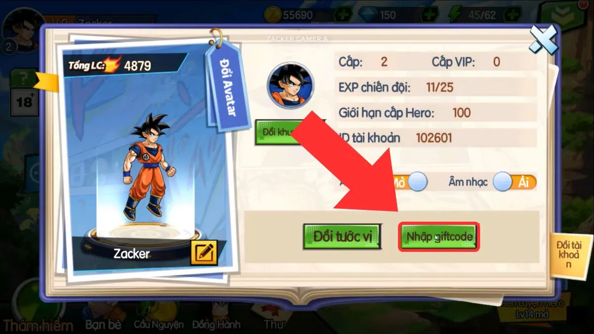 Hình ảnh màn hình nhập giftcode trong game Siêu Rồng Thần Huyền Thoại