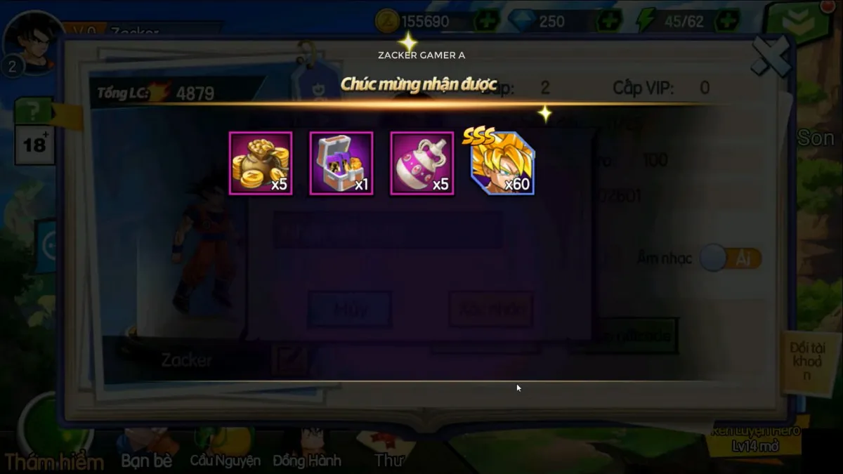 Hình ảnh các vật phẩm có được từ code game Siêu Rồng Thần Huyền Thoại