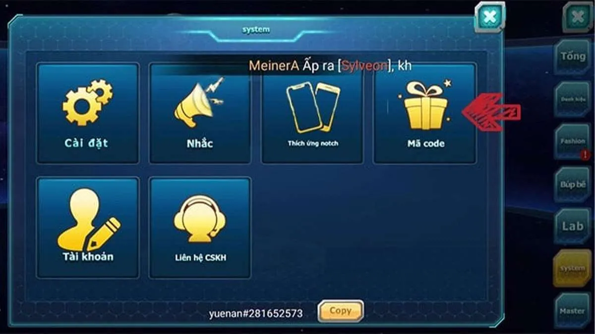 Mục Mã Code trong cài đặt hệ thống của game Thủ Lĩnh Siêu Thú
