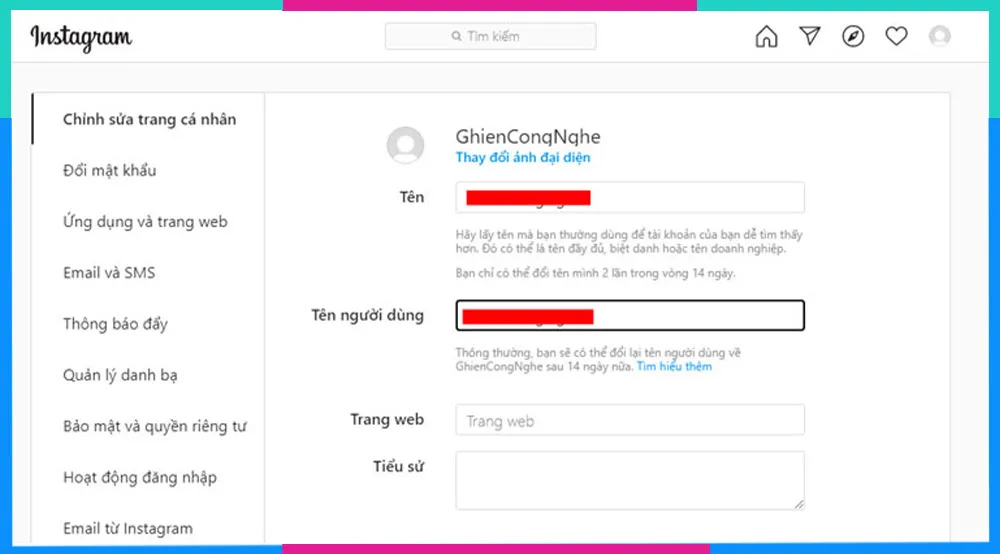 Bước 3: Chỉnh sửa tên hiển thị và tên người dùng Instagram