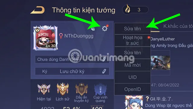 Biểu tượng bánh răng nhỏ để sửa tên trong giao diện Thông tin kiện tướng Liên Quân