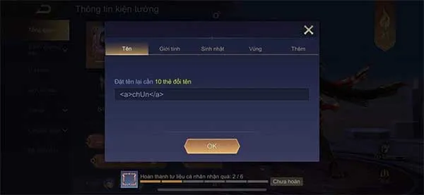 Cú pháp đổi tên nhân vật thành màu xanh trong Liên Quân