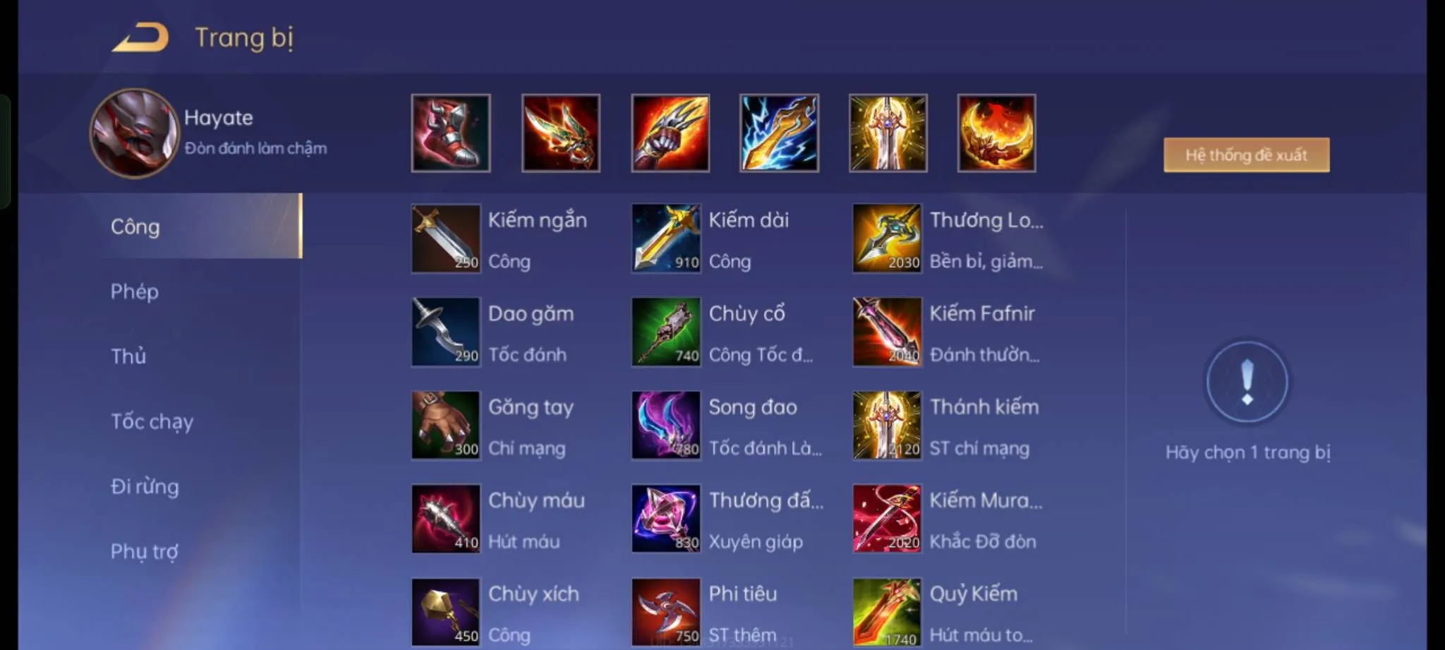 Trang bị cần thiết cho Hayate full chí mạng để bùng nổ sát thương