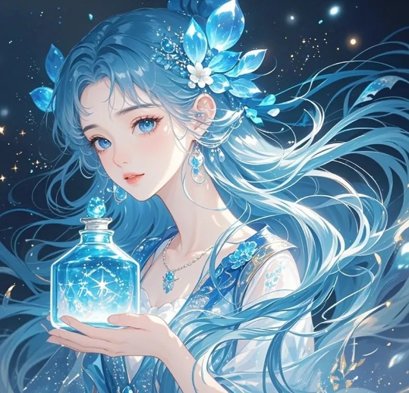 Cô gái anime cung Bảo Bình với mái tóc tím bay trong gió, ánh mắt mơ màng