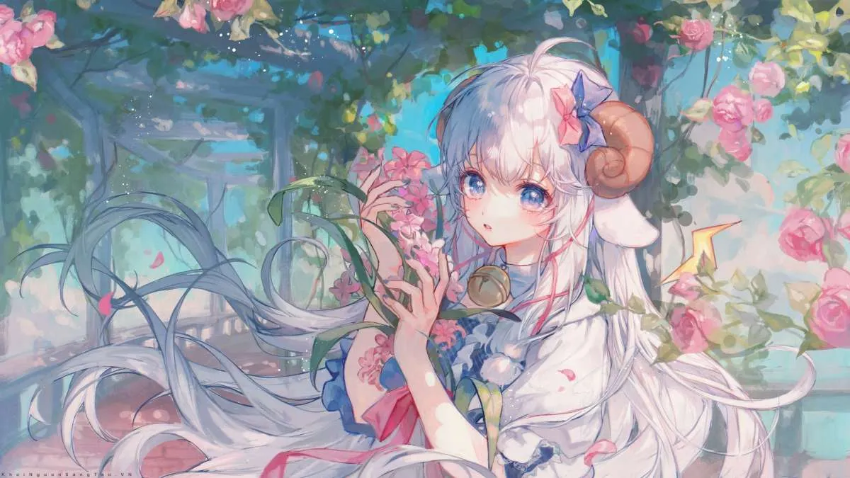 Hình nền anime 4K nhân vật nữ đứng trên đỉnh núi ngắm hoàng hôn