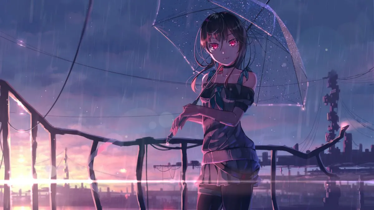 Ảnh anime 4K laptop cô gái ngồi bên cửa sổ ngắm tuyết rơi