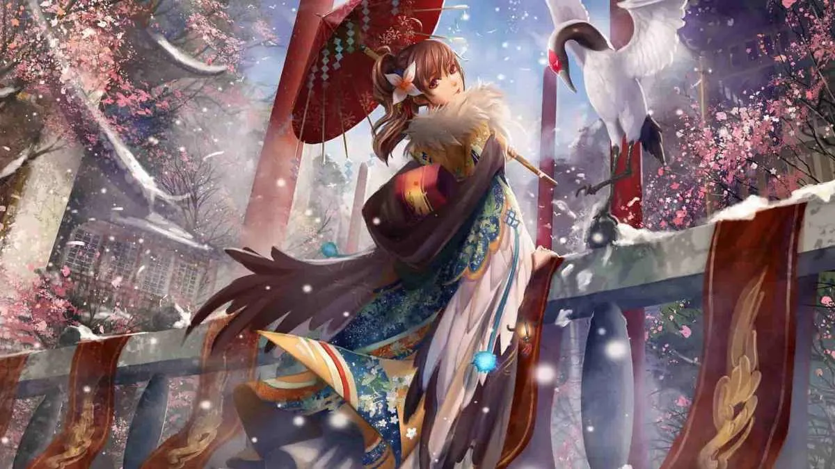 Hình nền anime 4K đẹp cô gái mặc kimono đi dưới mưa hoa anh đào