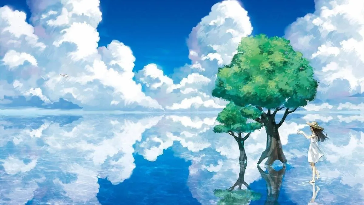 Hình nền anime 4K đẹp phong cảnh hẻm núi hùng vĩ với dòng sông