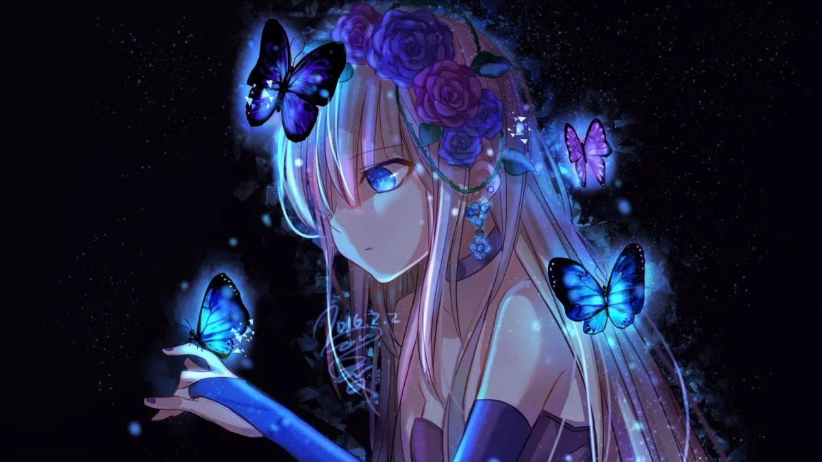 Hình nền anime 4K PC cô gái với mái tóc tím và ánh mắt mơ màng