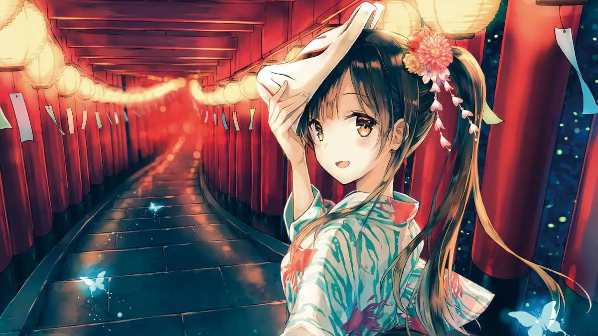 Hình nền anime 4K cô gái mặc kimono đứng bên cửa sổ nhìn ra vườn Nhật Bản