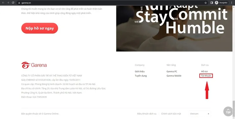 Chọn 'Tài khoản' trên trang chủ Garena để truy cập các tùy chọn quản lý tài khoản