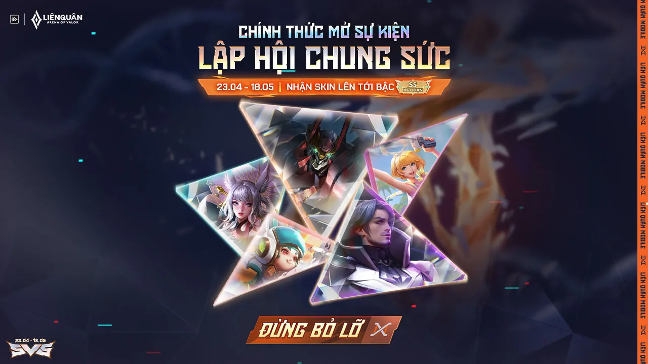 Banner sự kiện Lập Hội Chung Sức Liên Quân Mobile, nhận skin miễn phí hấp dẫn.
