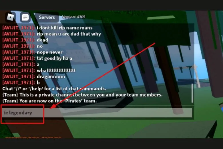 Màn hình chat trong Blox Fruit với lệnh "/E Legendary" để random trái ác quỷ