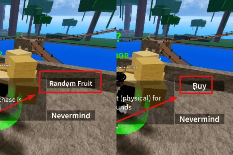 Giao diện chọn &quot;Random Fruit&quot; và &quot;Buy&quot; sau khi nhập lệnh Legendary trong Blox Fruit