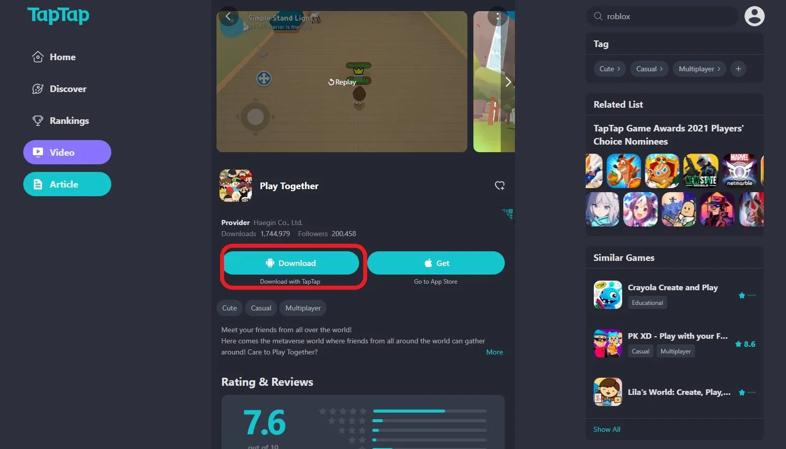 Tải lại ứng dụng Play Together phiên bản quốc tế qua TapTap và cài đặt trên BlueStacks