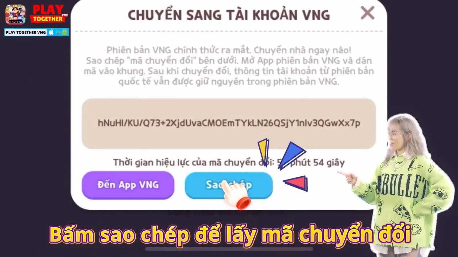 Sao chép mã chuyển đổi và tùy chọn truy cập ứng dụng Play Together VNG
