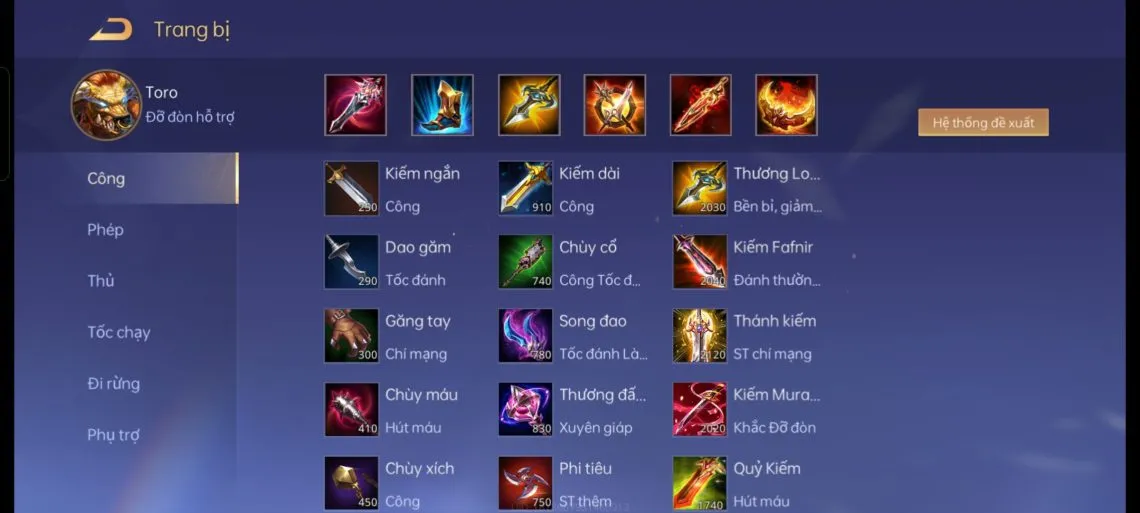 Bộ trang bị full damage cho Toro đi rừng